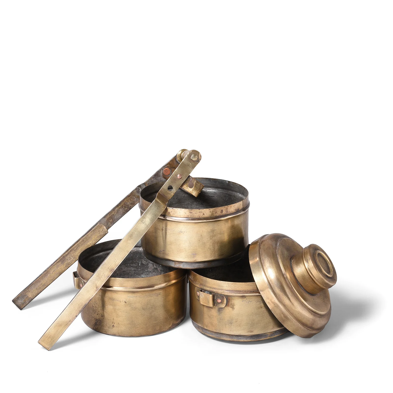 3 Tier Indian Vintage Brass Tiffin Box Set - Ca 1930 - Image 6