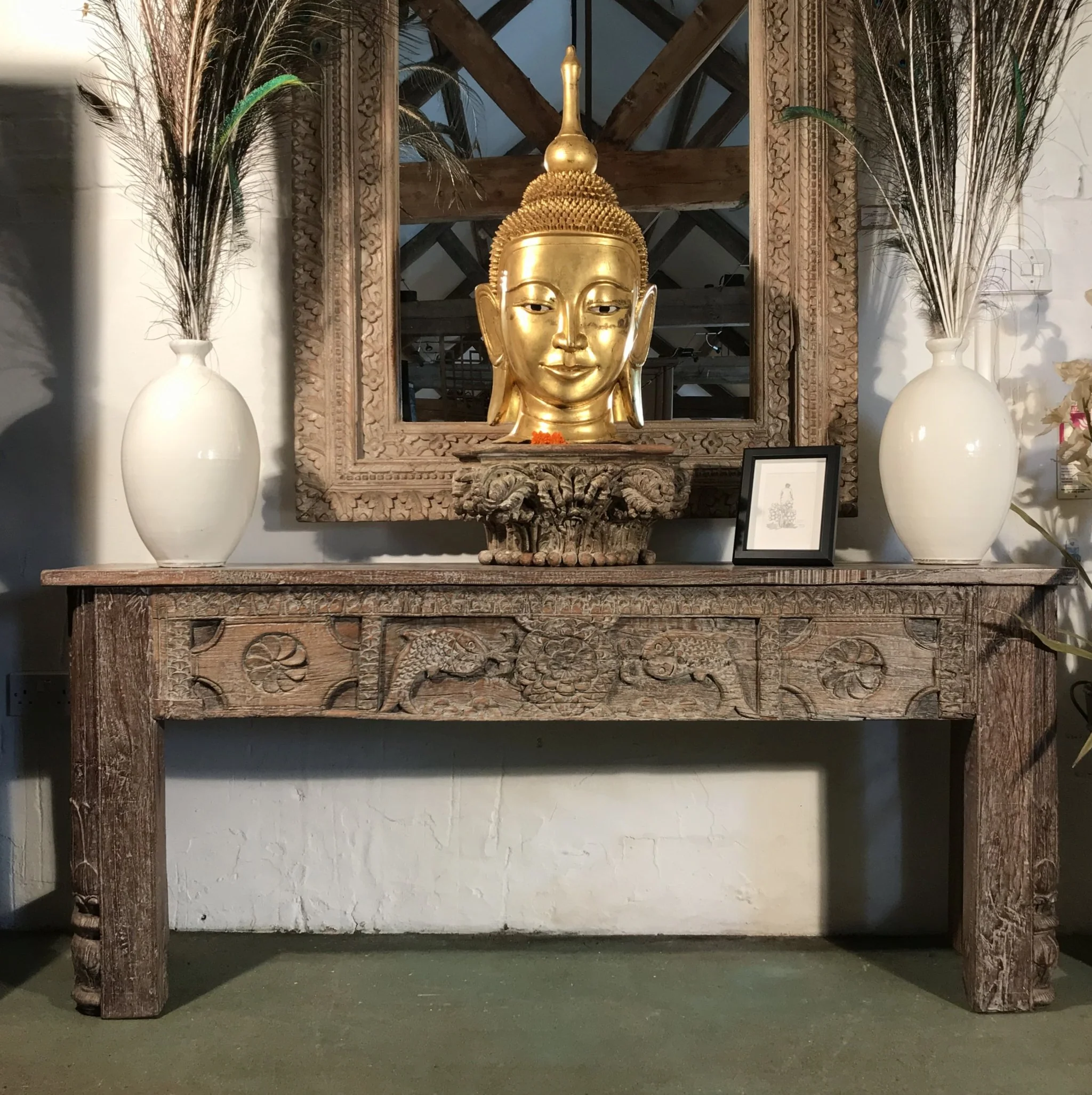 Carved Mango Wood Mirror with Lime Washed Finish - Image 3