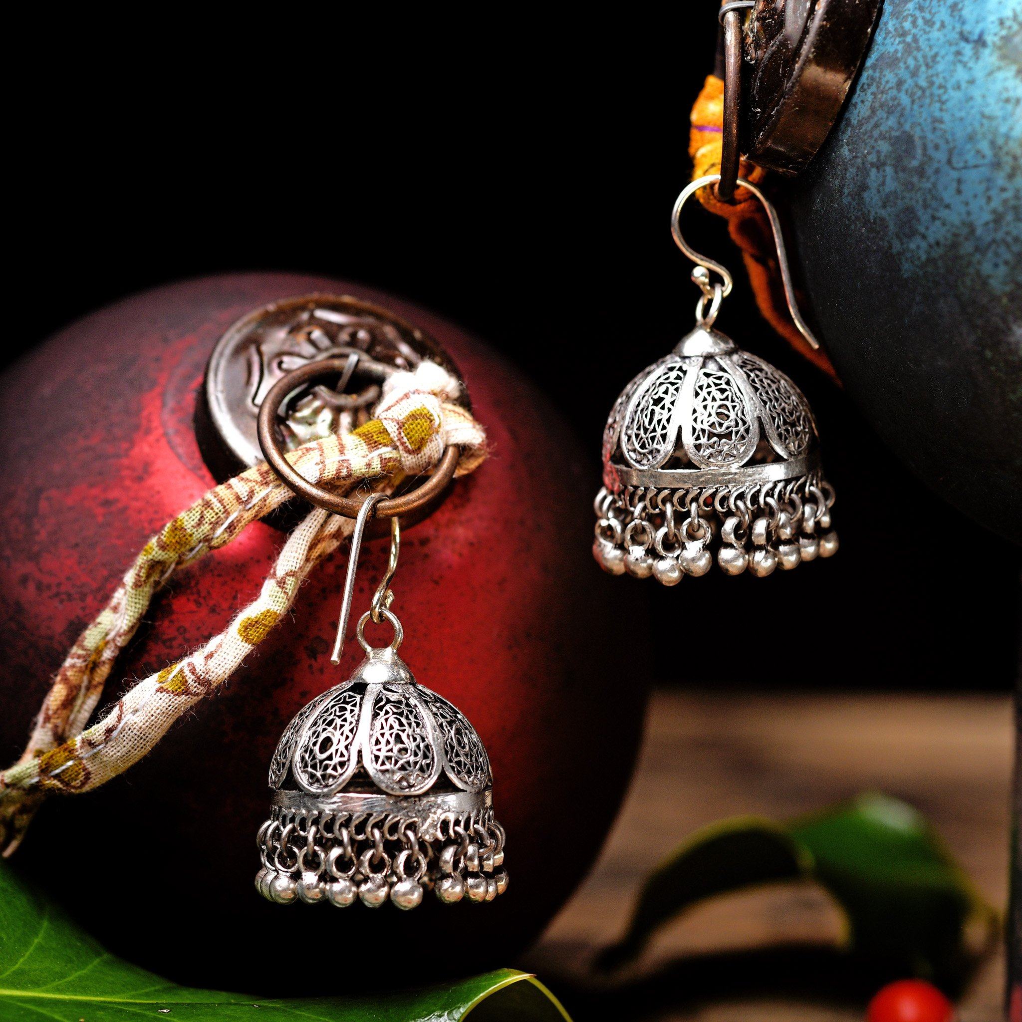 Tribal Silver Bell Earrings From Rajasthan - Image 2