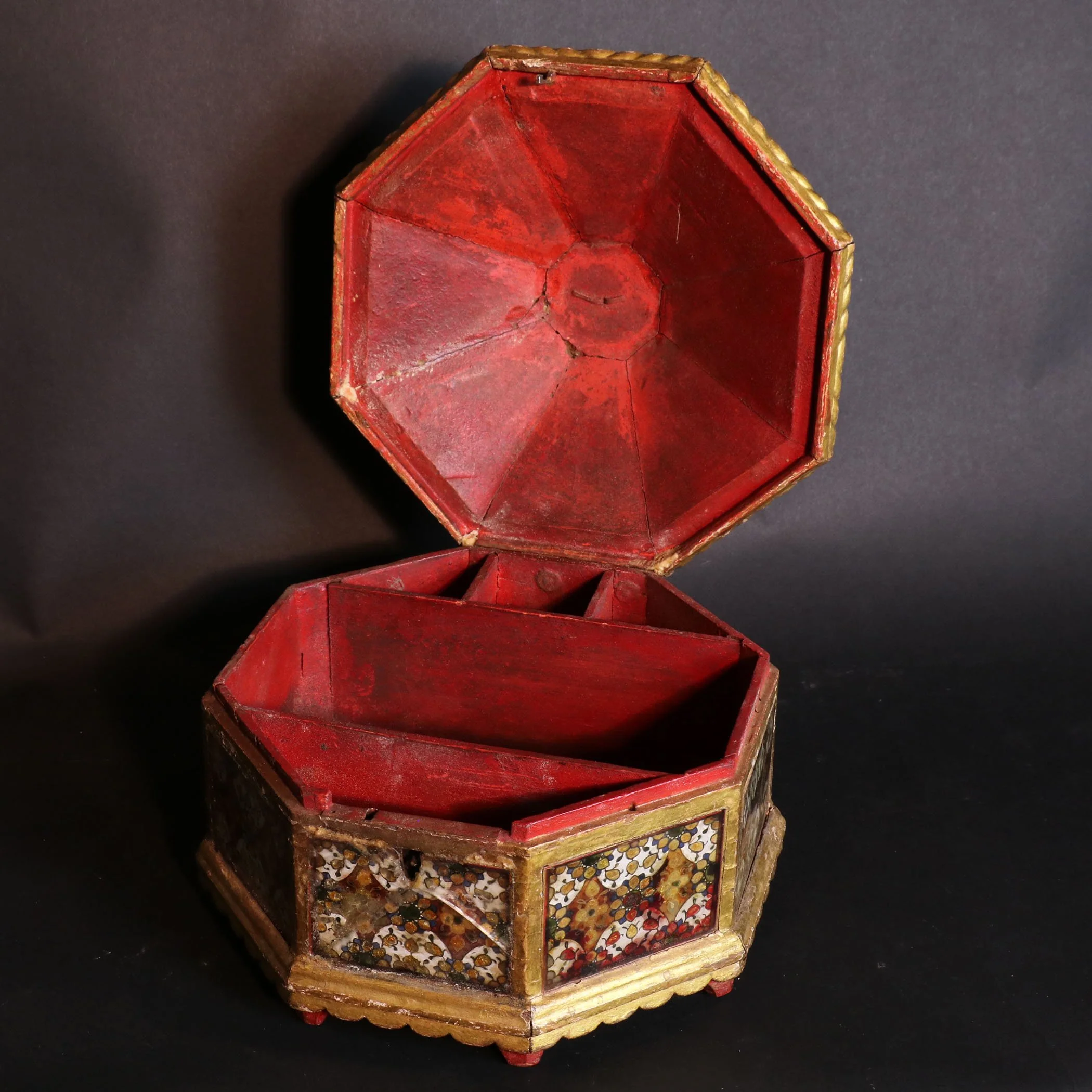 Gilded Mirror Work Octagonal Box From Rajasthan - Ca 100 yrs old - Image 2