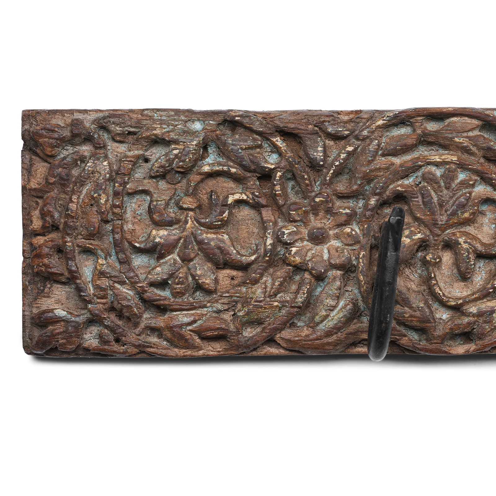 Old Carved Teak Architrave With 4 Iron Coat Hooks - Image 3