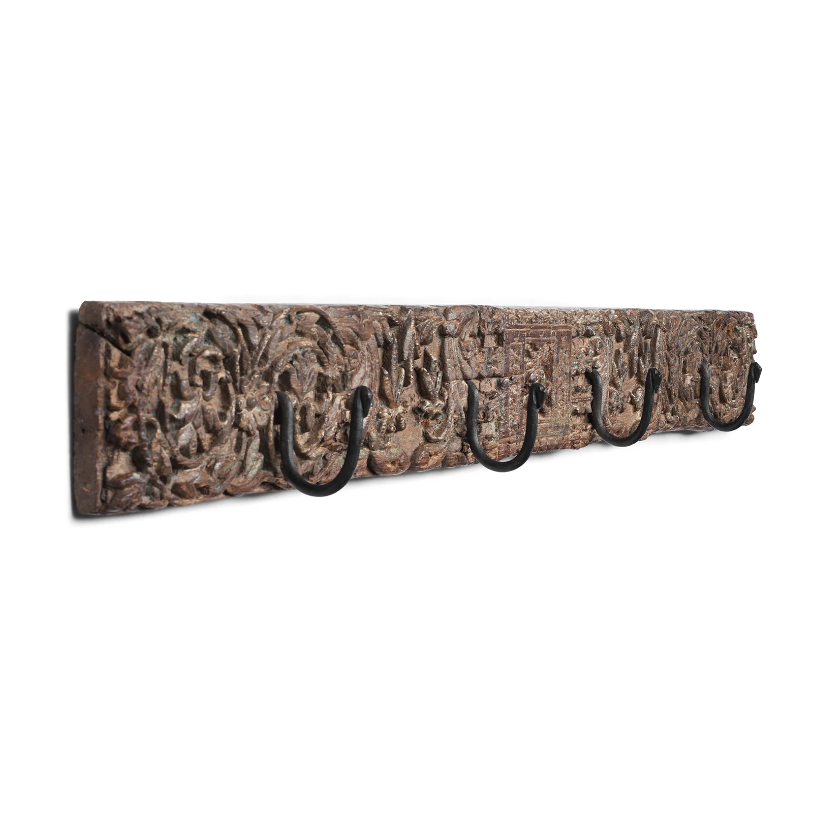 Old Carved Teak Architrave With 4 Iron Coat Hooks - Image 4