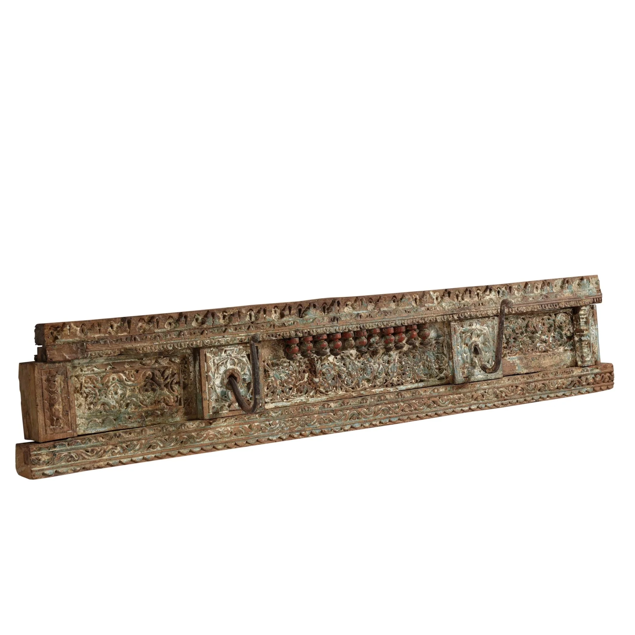Carved Teakwood Coat Rail from Gujarat with Hooks - 19thC