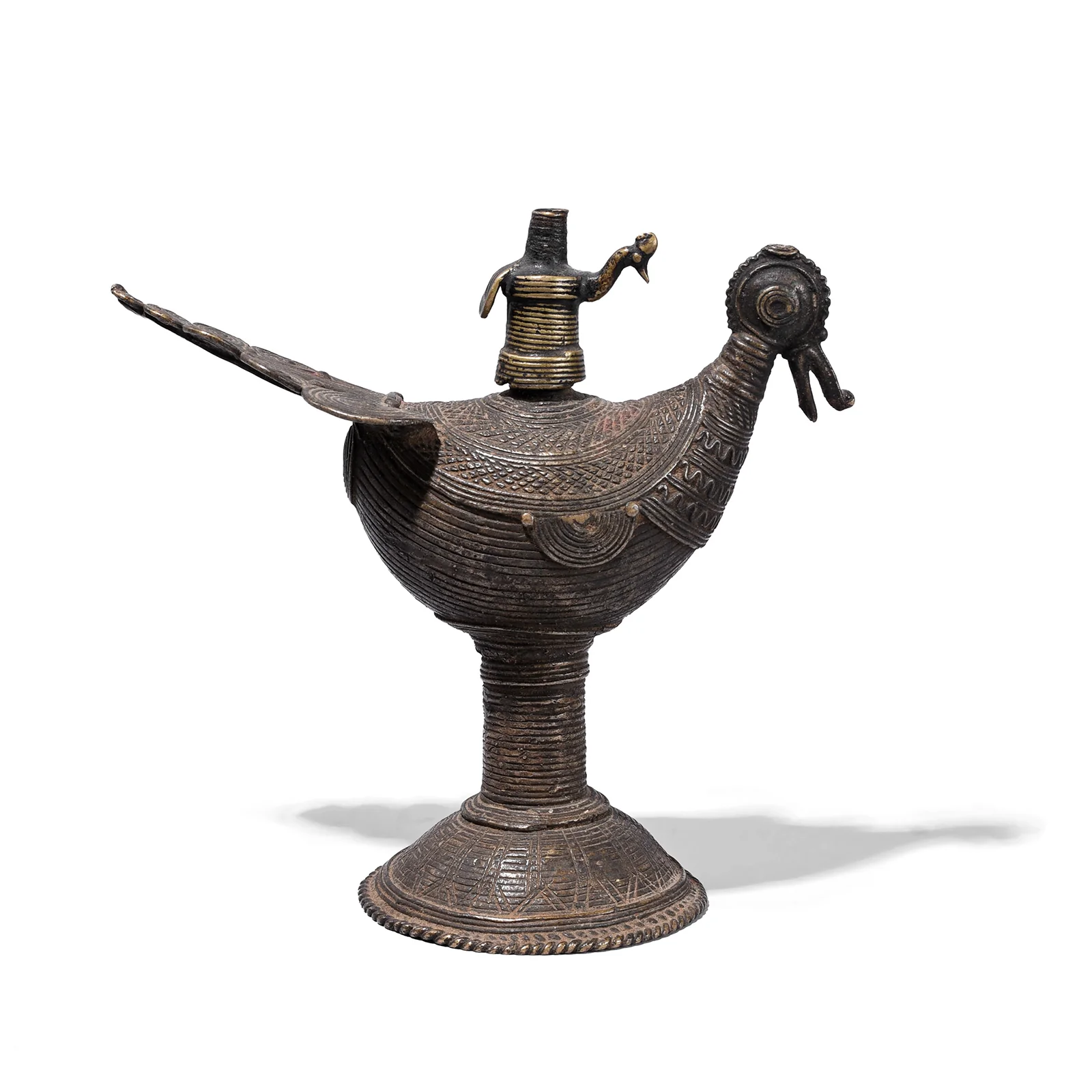 Brass Dhokra Peacock Oil Lamp From Orissa - Ca 1920
