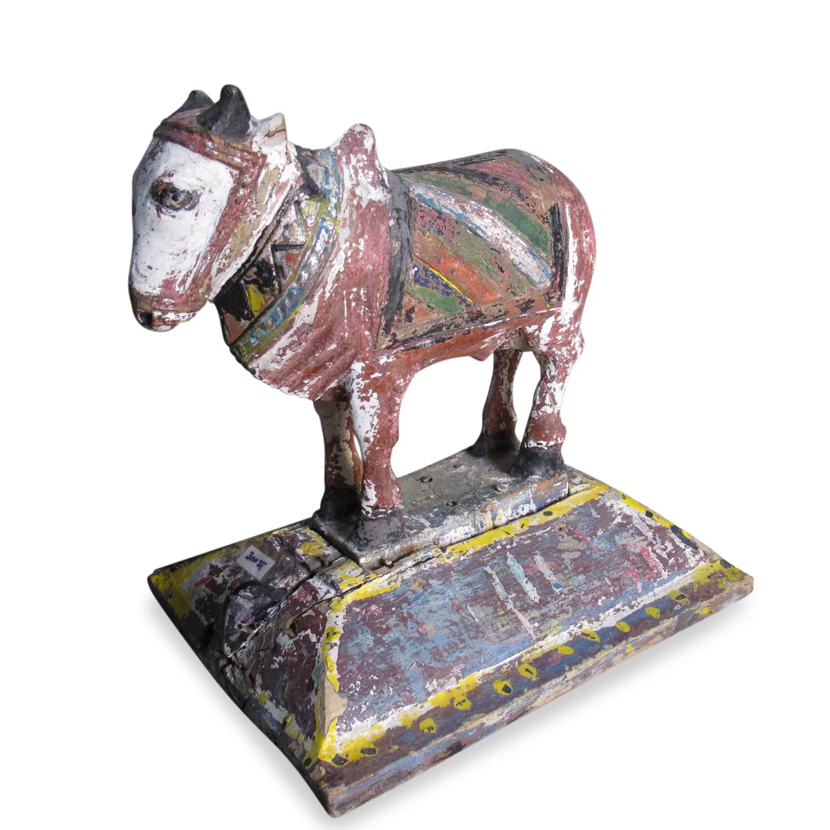Carved Teak Nandi Bull Toy From Rajasthan - Ca 75 Yrs Old