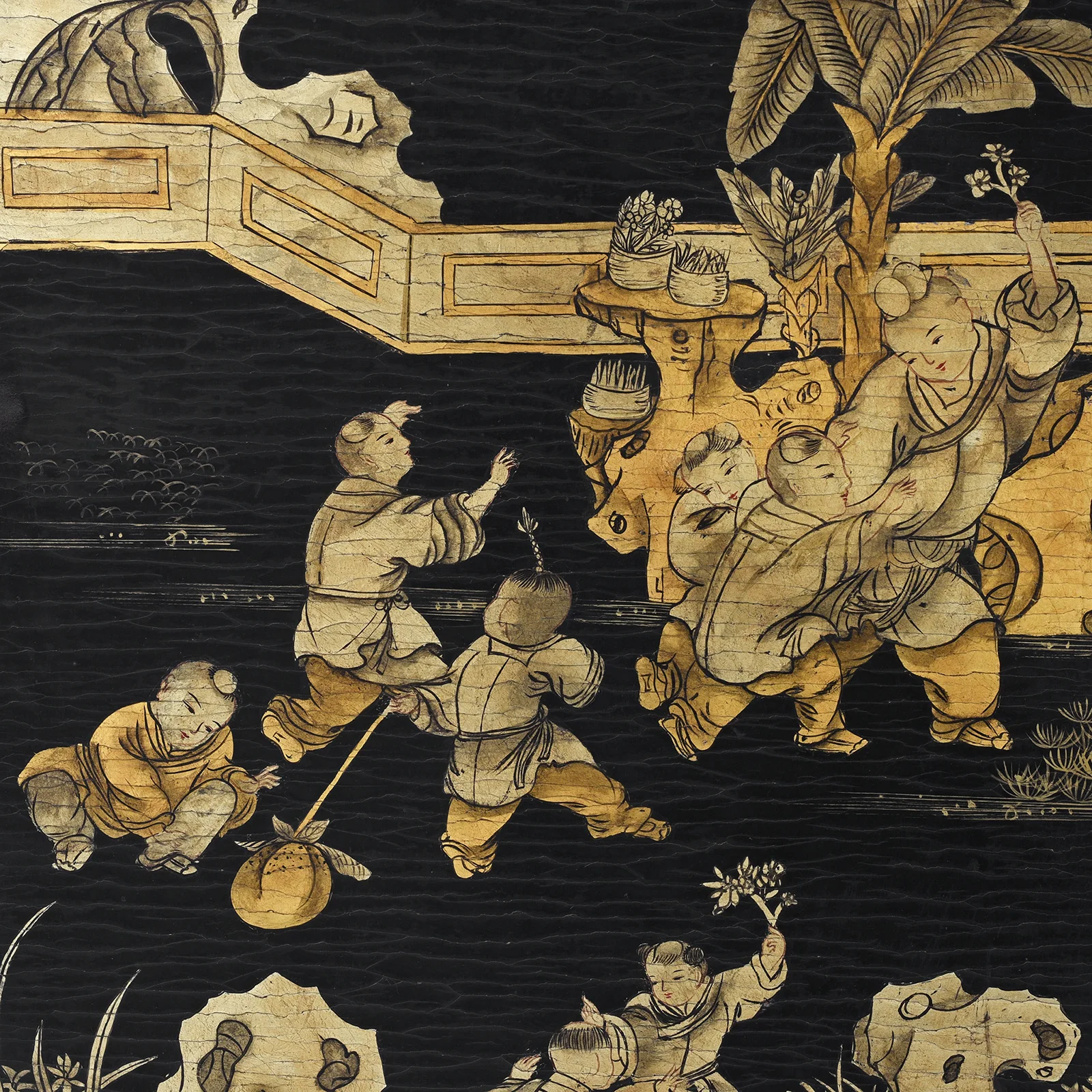 Chinese Export Black & Gilt Lacquer Four-Fold Screen – Circa 1920 - Image 9