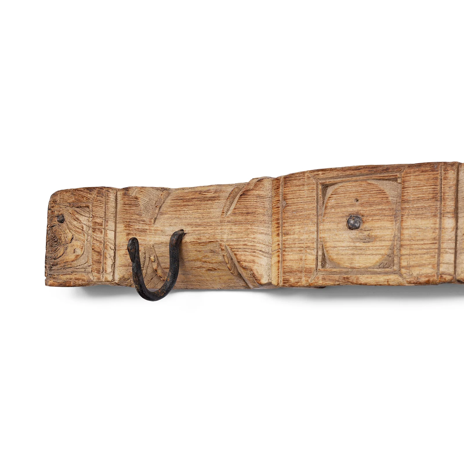 Old Carved Teak Architrave With Iron Coat Hooks - Image 3