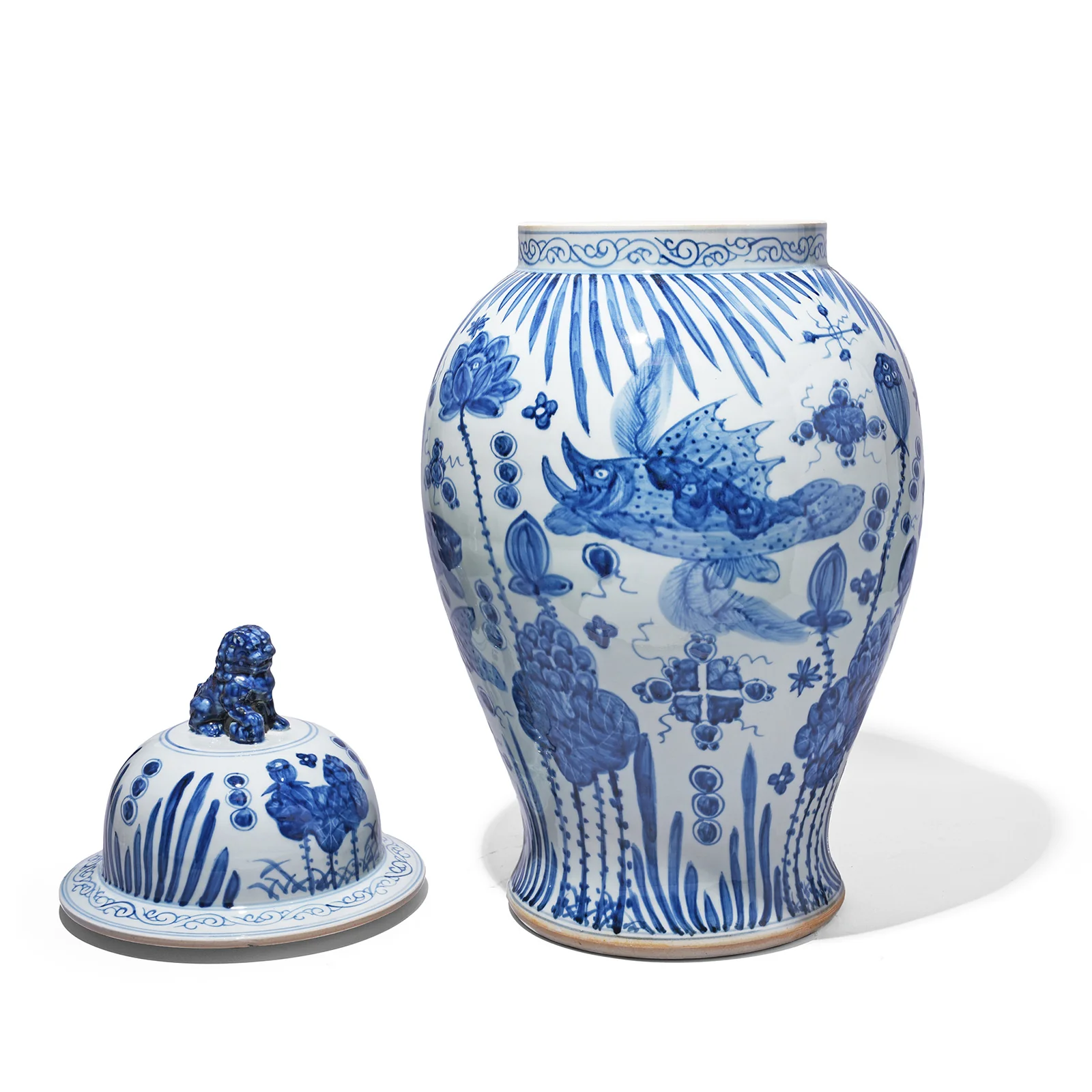 Blue & White Porcelain Temple Jar - Fishes - Image 9