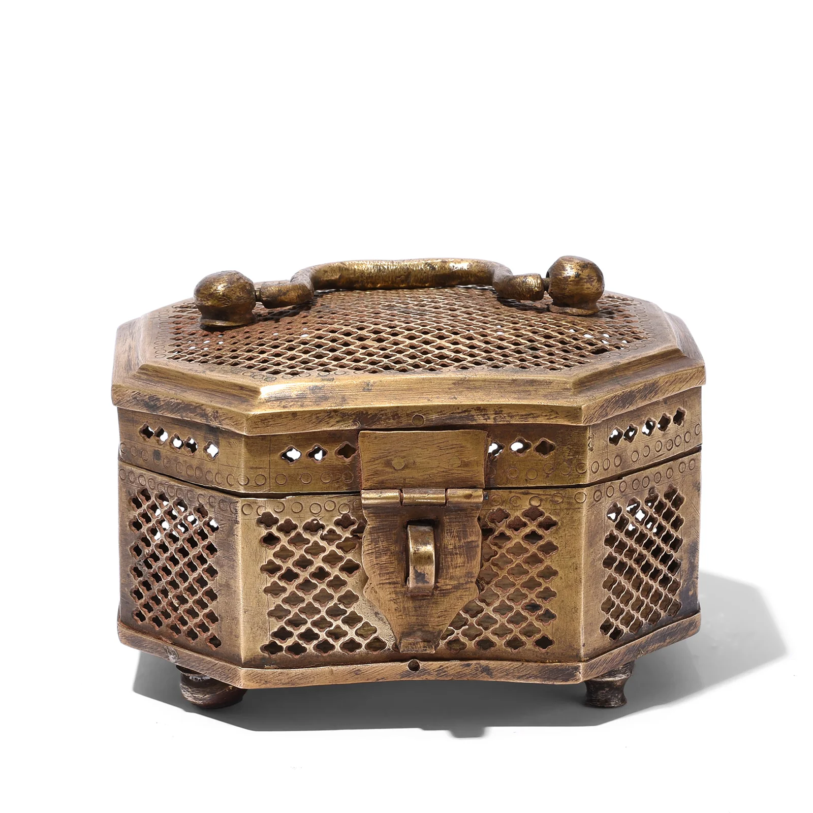 Octagonal Brass Jali Betel Box From Rajasthan - Early 20th Century