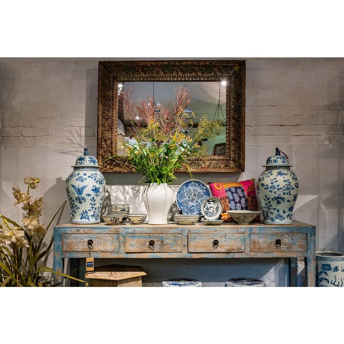 3 Drawer Altar Table Old Blue  Painted Pine - Image 2
