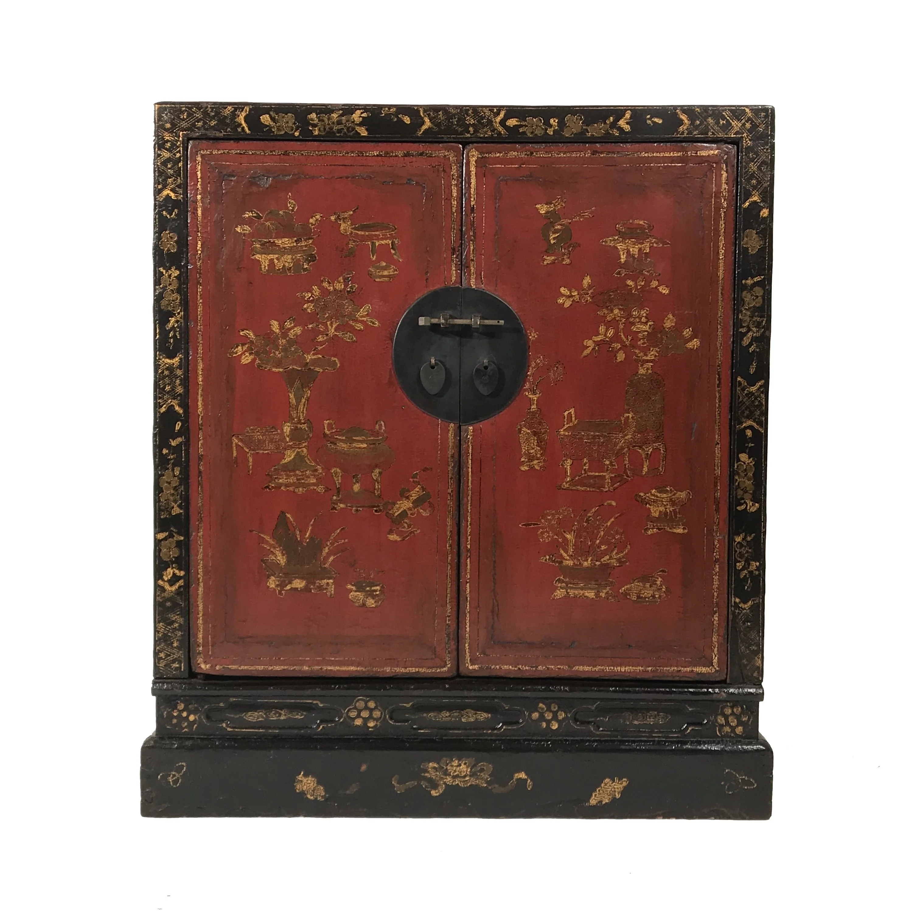 Red & Black Lacquer Painted Book Cabinet from China - 19thC