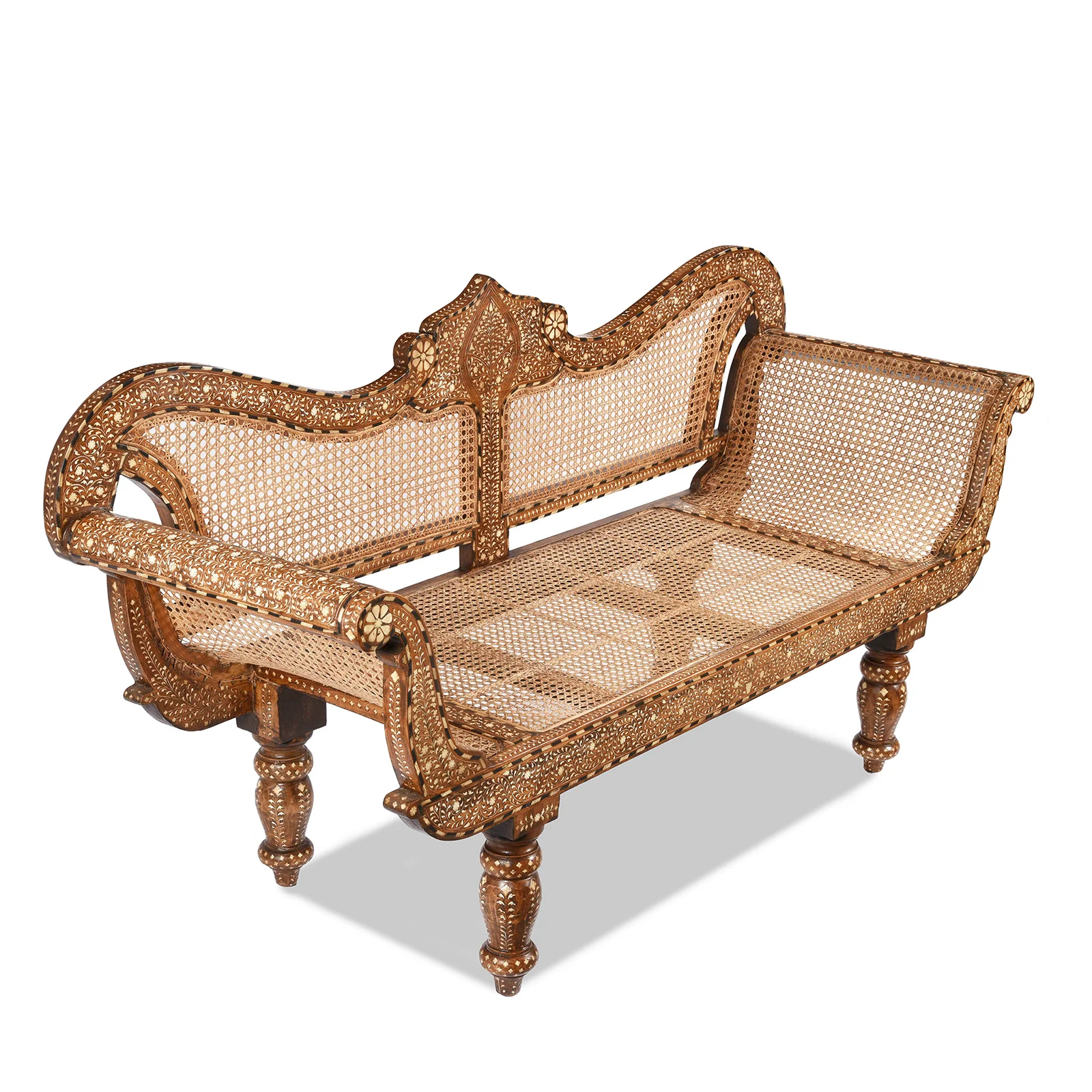 Anglo Indian Bone Inlaid Caned Teak Sofa - Early 20th Century - Image 3