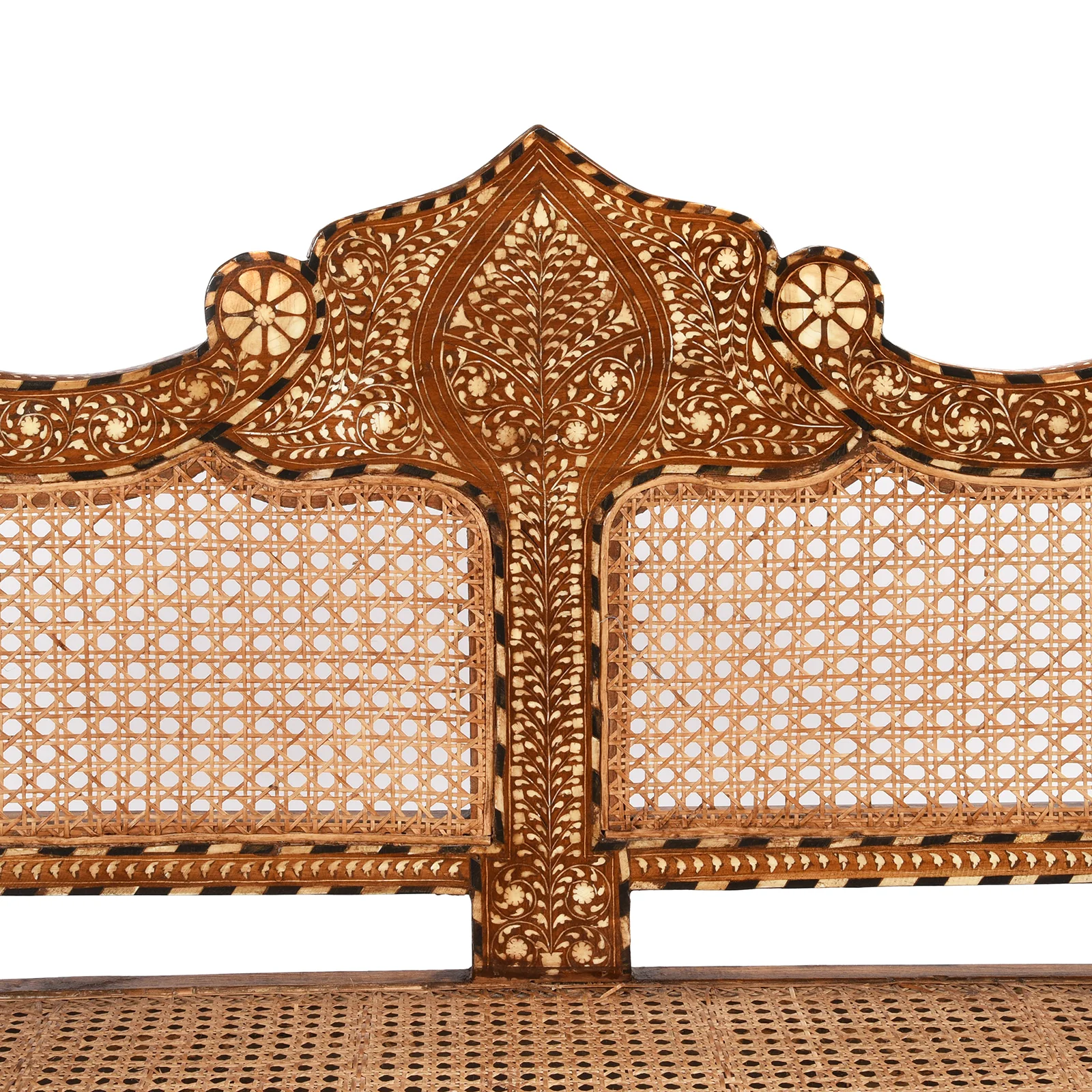 Anglo Indian Bone Inlaid Caned Teak Sofa - Early 20th Century - Image 4