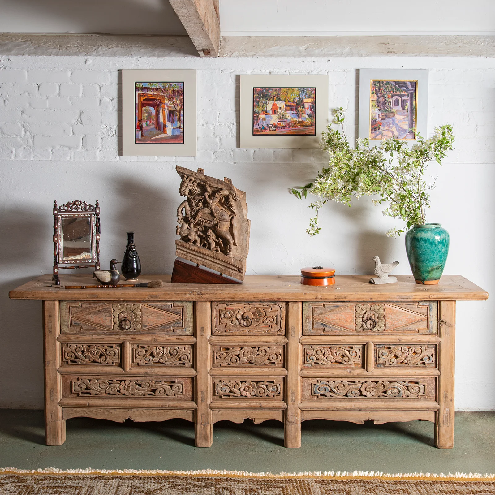 Carved Elm Coffer Sideboard From Shanxi Province - 19th Century
