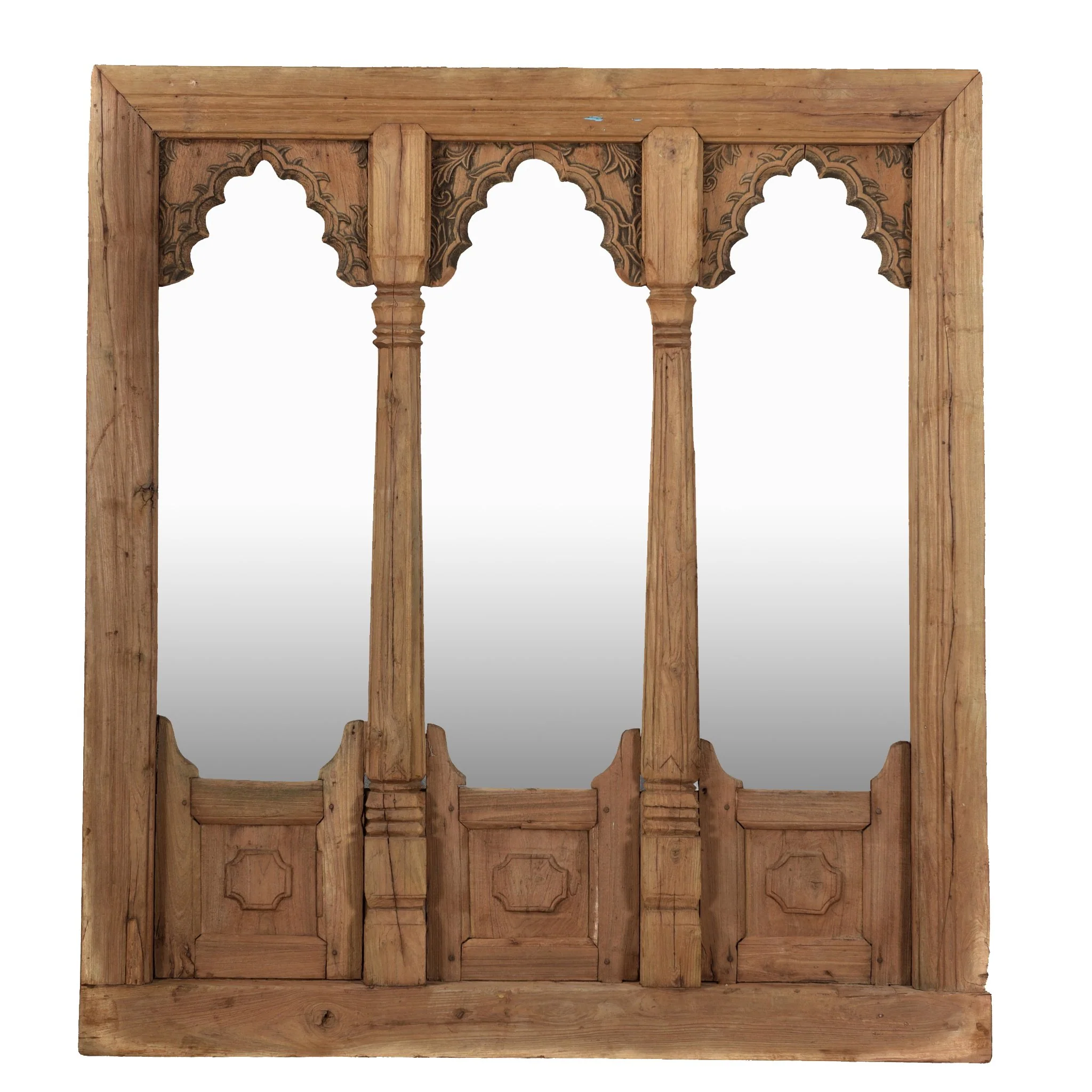 Carved Teak Triple Window Mirror - 19thC