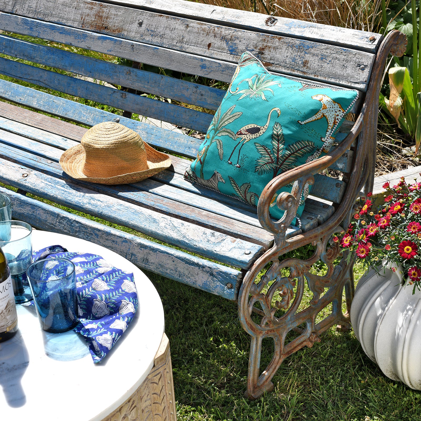 Blue Cast Iron Garden Bench - 1930 - Image 2