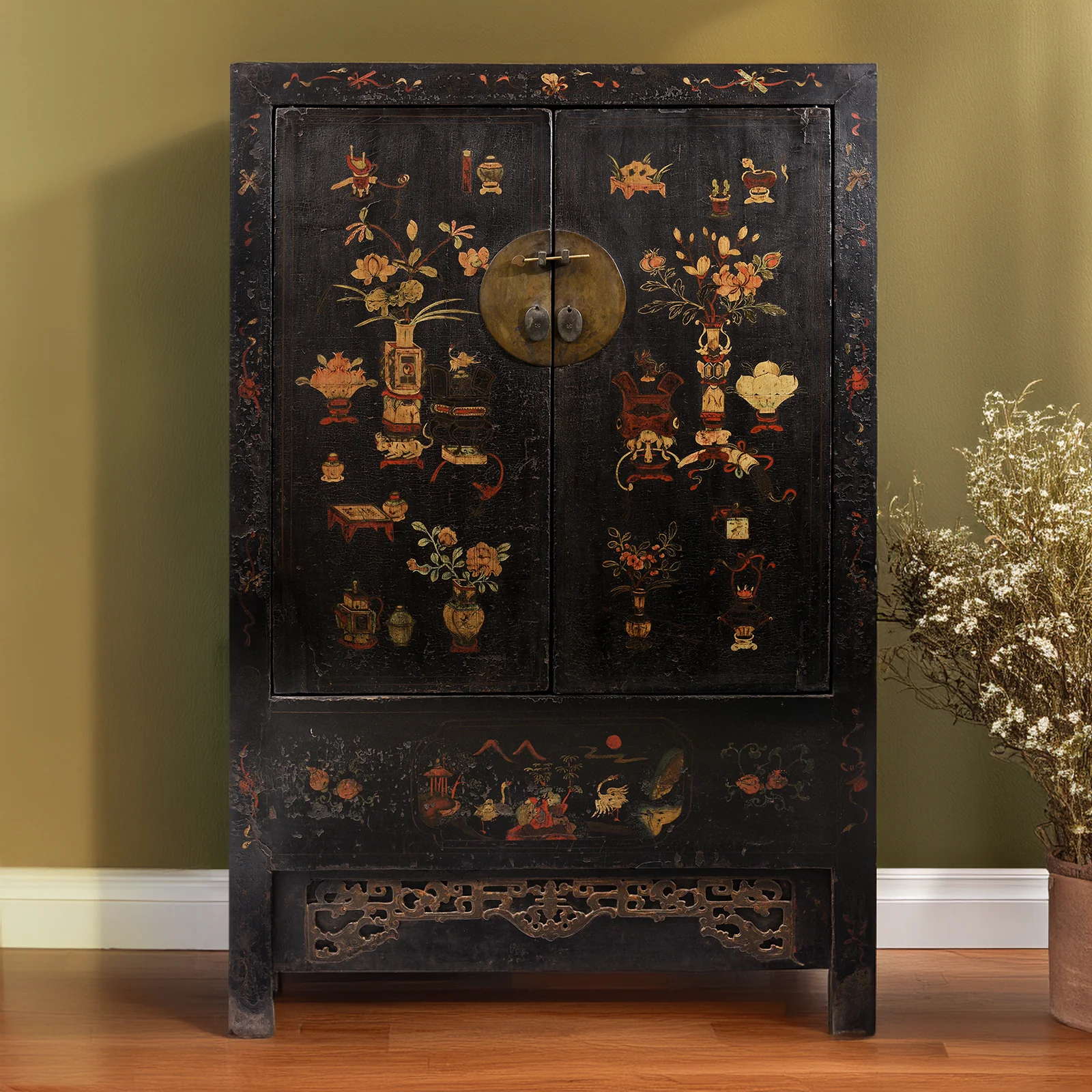Black Lacquer Wedding Cabinet From Shanxi -19th Century