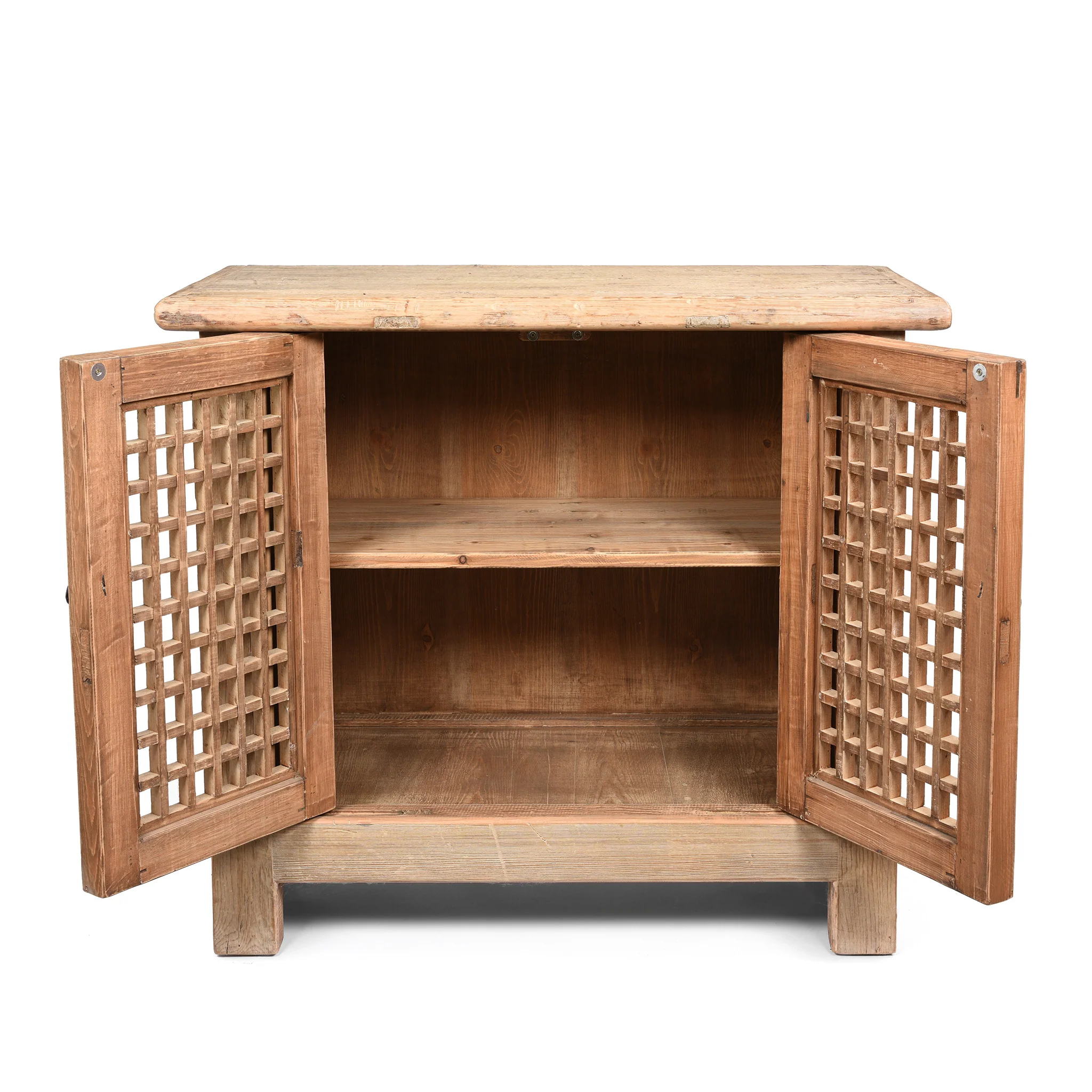 Reclaimed Pine Noodle Side Cabinet with Lattice Door - Country Style - Image 5