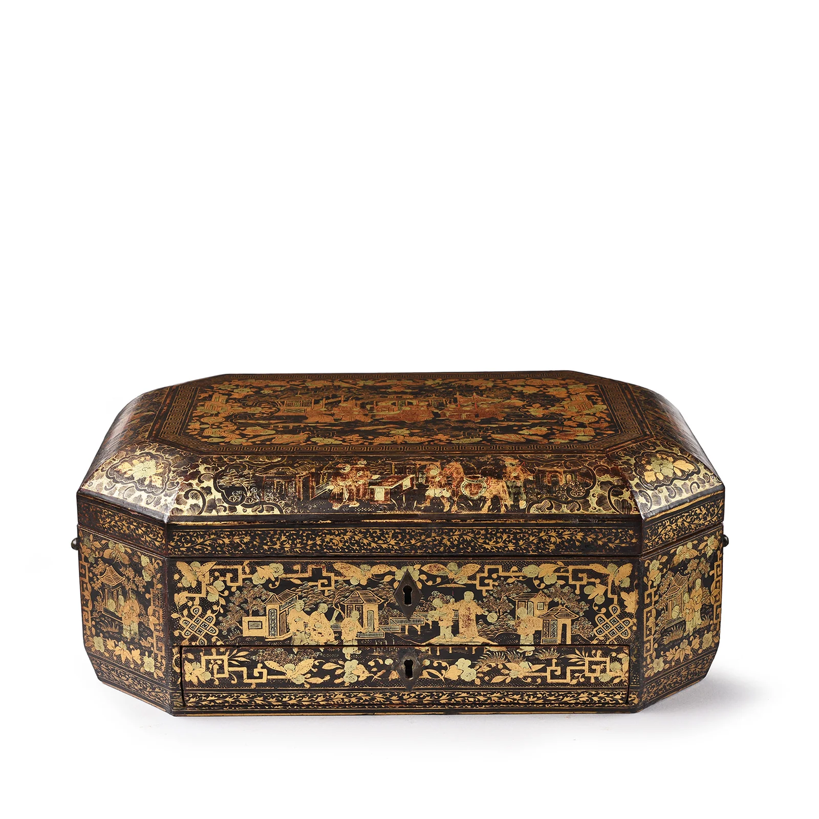Gilt Black Lacquer Chinese Export Sewing Box - Early 19th Century