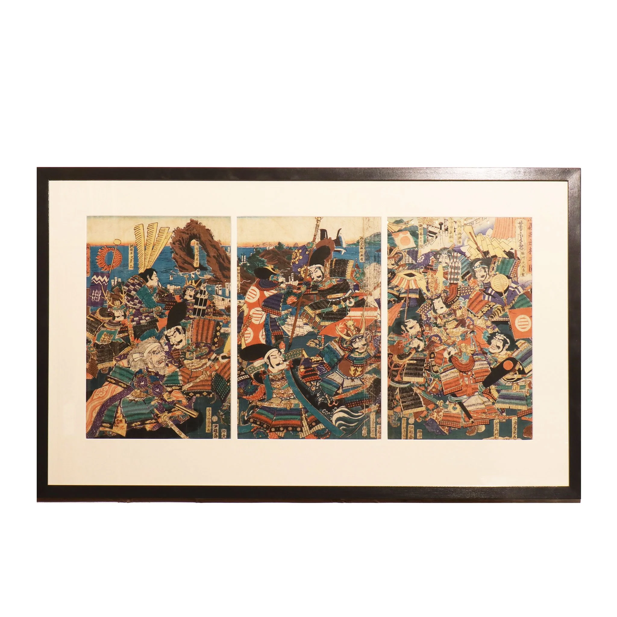 Framed Japanese Woodblock Print: "Minamoto Yoshitsune and the Reversed Oars" by Yoshitura - Edo Period