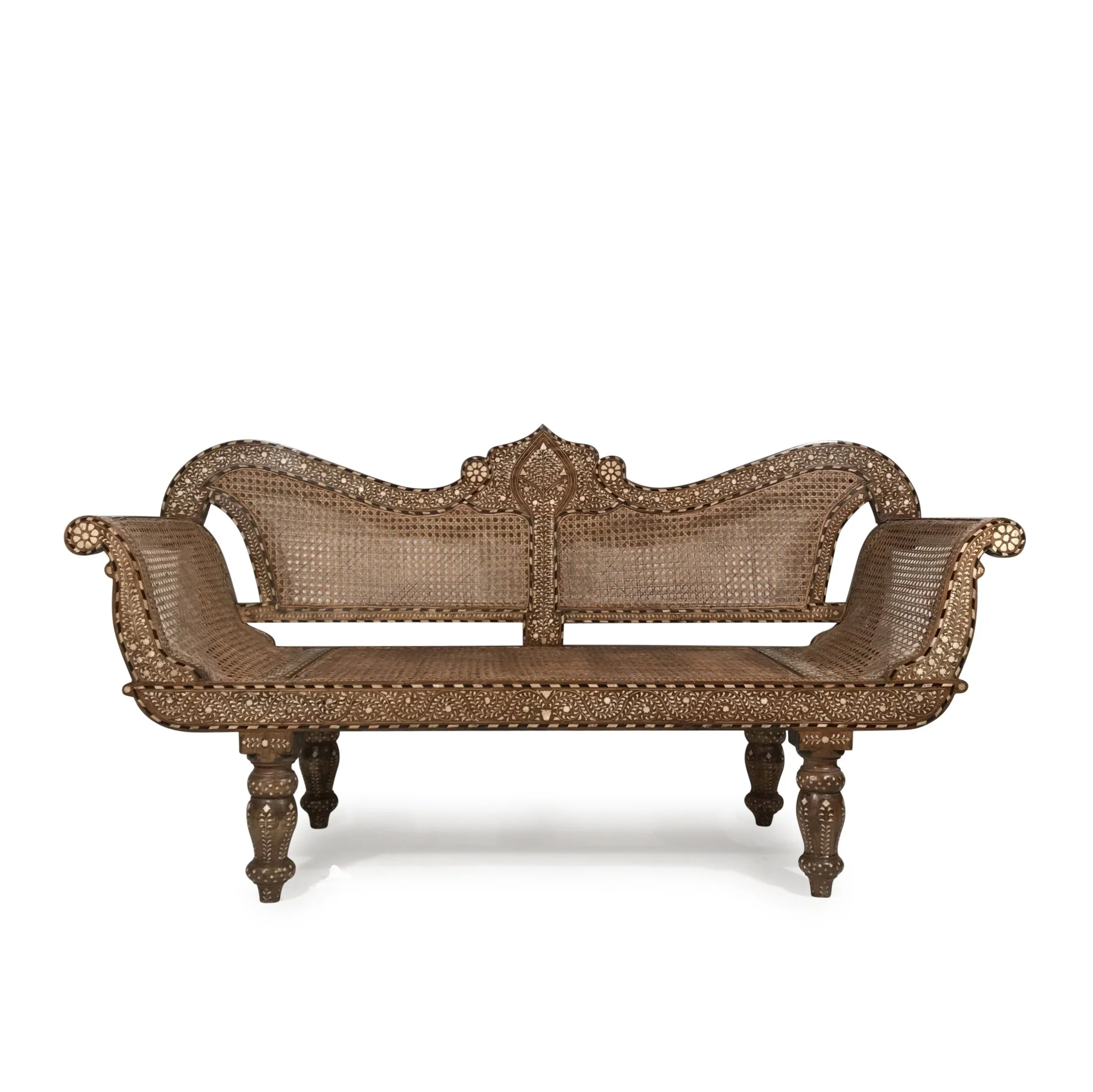 Caned Teak Sofa With Bone Inlay - Ca 80 yrs old