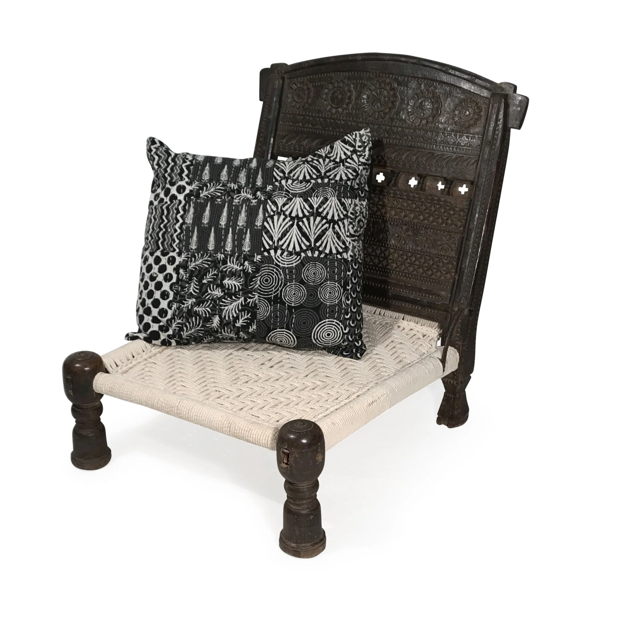 Chip Carved Low Chair From Rajasthan    - 19thC