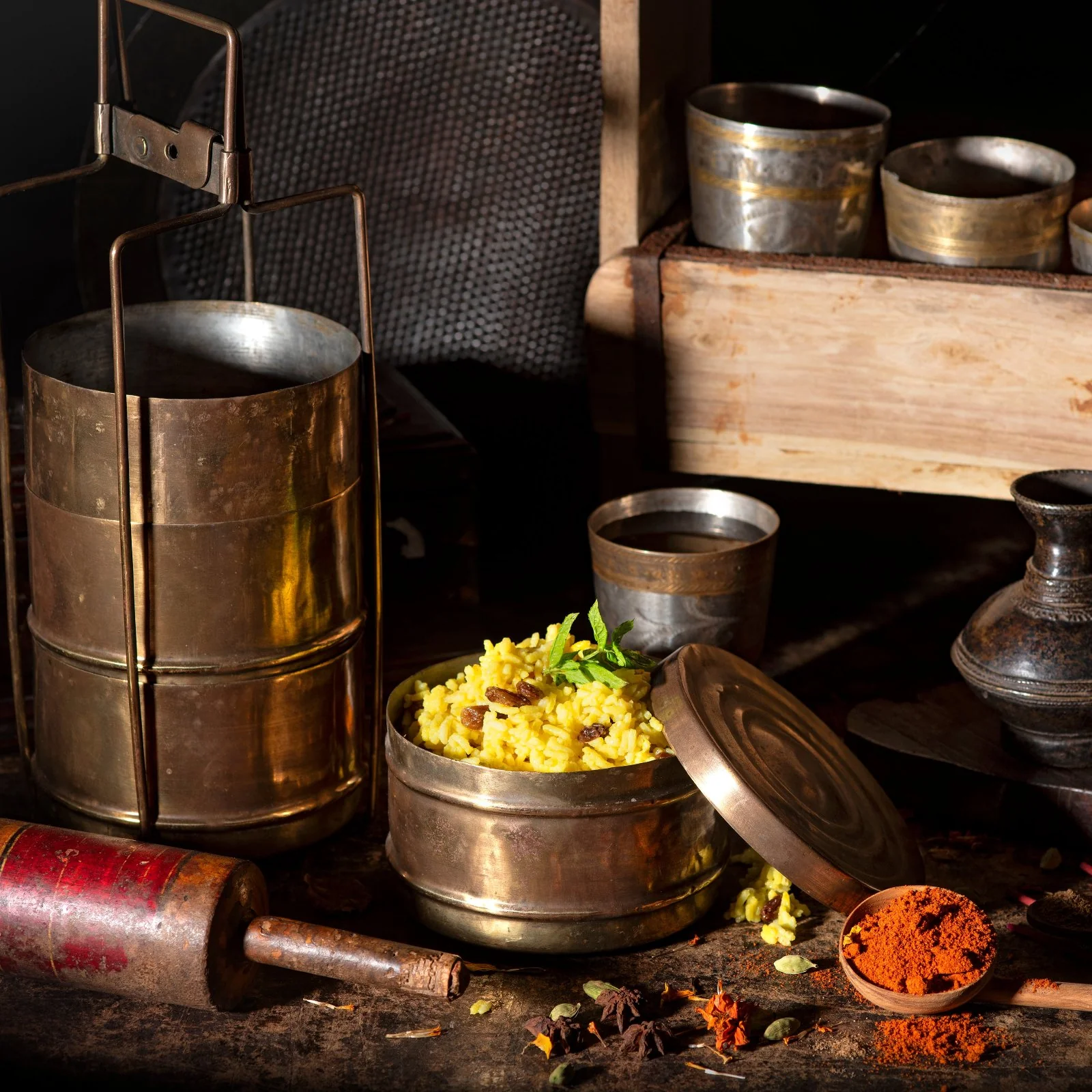 2 Tier Indian Vintage Brass Tiffin Box Set - Ca 1930 - Image 3