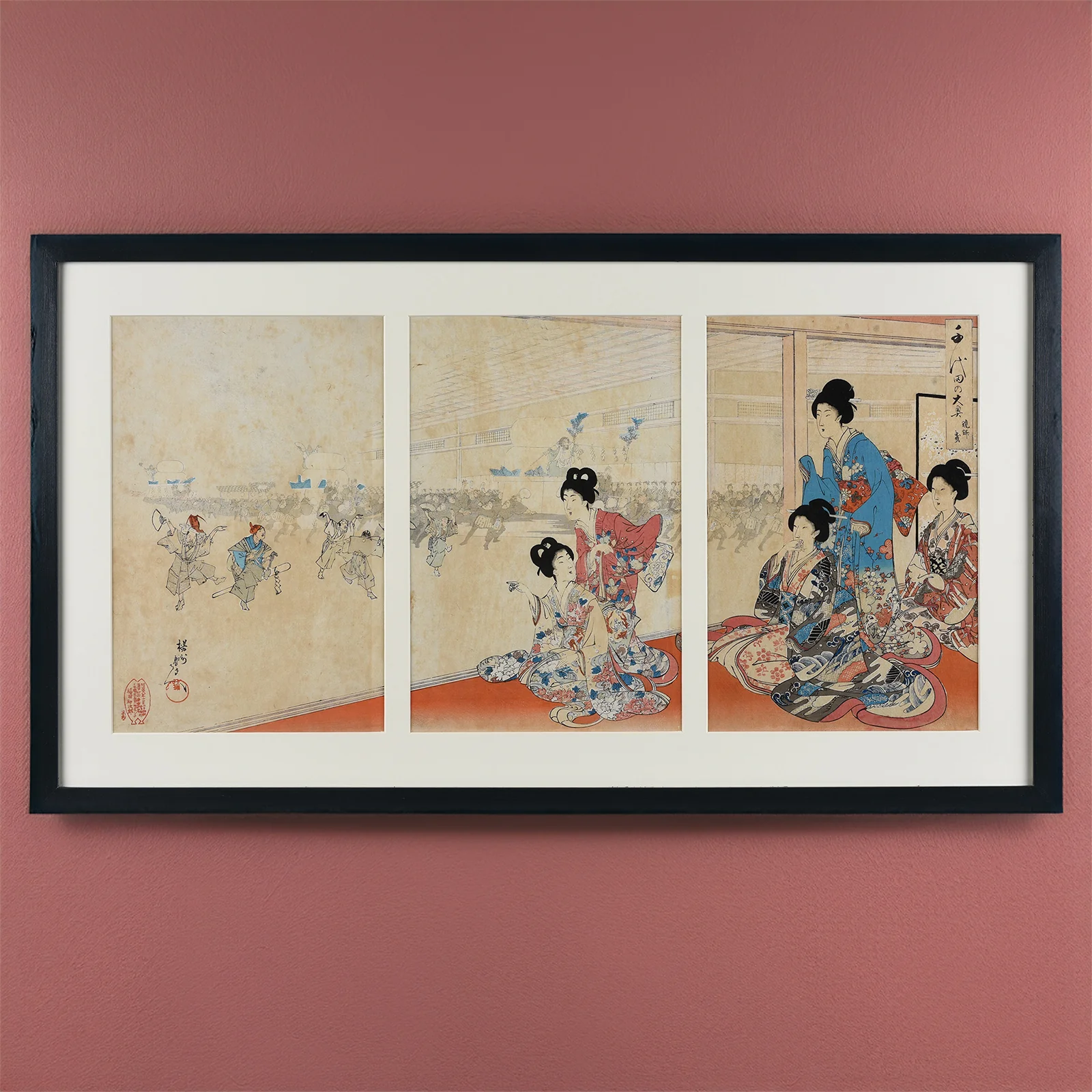 'Rice Cake Parade' Original Woodblock Triptych by Yōshū (Hashimoto) Chikanobu - Ca 1895
