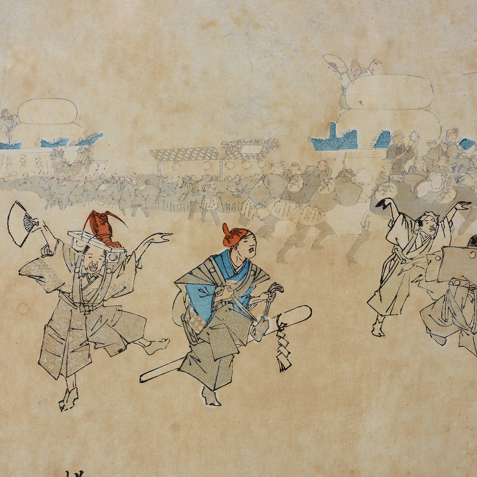 'Rice Cake Parade' Original Woodblock Triptych by Yōshū (Hashimoto) Chikanobu - Ca 1895 - Image 6